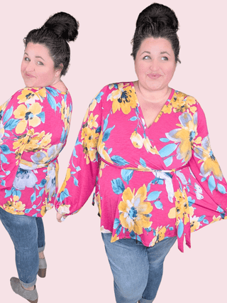 Georgia Faux Wrap Belted Top in Bold Floral on Magenta-2- Long Sleeve Tops-WHITE BIRCH-Styled by Stacked - A Plus Size Women's Boutique in Lakeville, MN