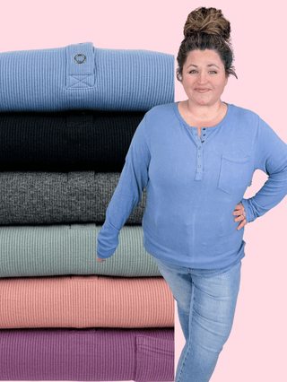 2- Long Sleeve Tops Georgia Luxe Brushed Ribbed Knit Snap Front Henley plus size clothing
