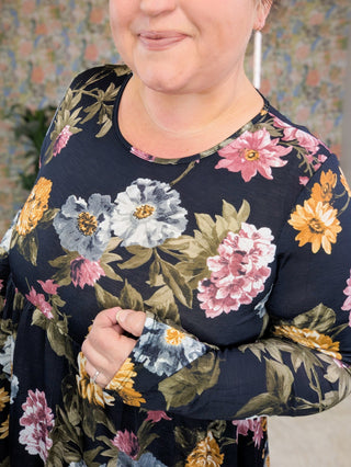 Georgie Scoop Bottom Long Sleeve Babydoll Top in Black Floral-2- Long Sleeve Tops-HEIMISH-Styled by Stacked - A Plus Size Women's Boutique in Lakeville, MN