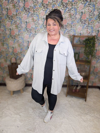 Geralyn Cozy Knit Buttondown Shirket in Heather Gray-4- Overlayer Tops-WHITE BIRCH-Styled by Stacked - A Plus Size Women's Boutique in Lakeville, MN