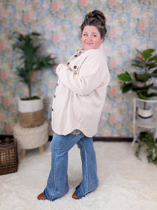 Gertie Button Down Textured Shacket in Taupe Beige-4- Overlayer Tops-WHITE BIRCH-Styled by Stacked - A Plus Size Women's Boutique in Lakeville, MN