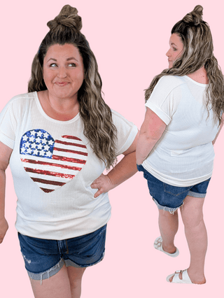 1- ShortSlv/Slvless Tops Giada Ribbed Ivory Top w/Sequin Flag Heart plus size clothing