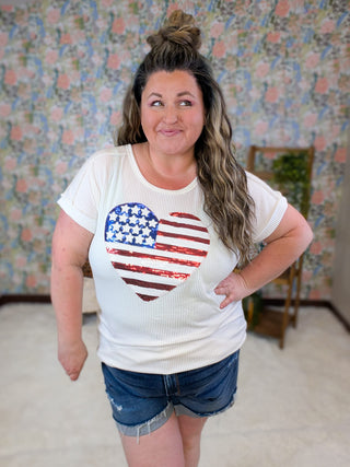 1- ShortSlv/Slvless Tops Giada Ribbed Ivory Top w/Sequin Flag Heart plus size clothing