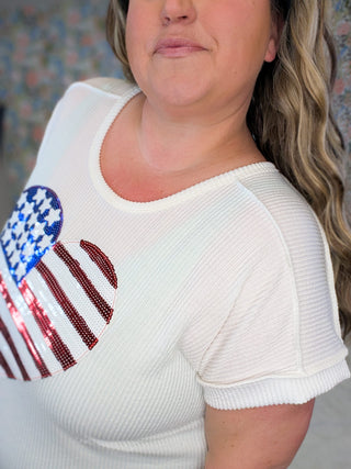 1- ShortSlv/Slvless Tops Giada Ribbed Ivory Top w/Sequin Flag Heart plus size clothing