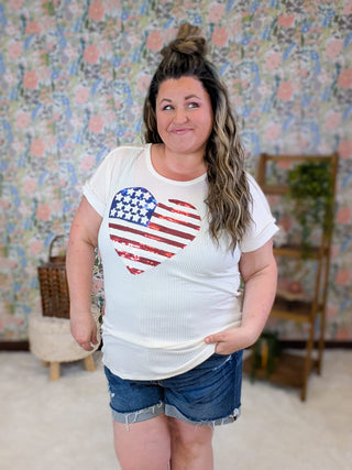 1- ShortSlv/Slvless Tops Giada Ribbed Ivory Top w/Sequin Flag Heart plus size clothing
