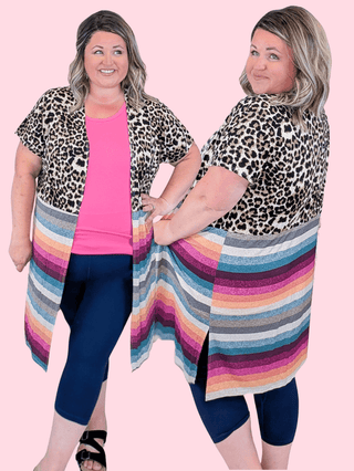4- Overlayer Tops Gidget Short Sleeve Cardigan in Leopard + Stripes plus size clothing