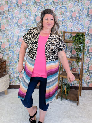 4- Overlayer Tops Gidget Short Sleeve Cardigan in Leopard + Stripes plus size clothing