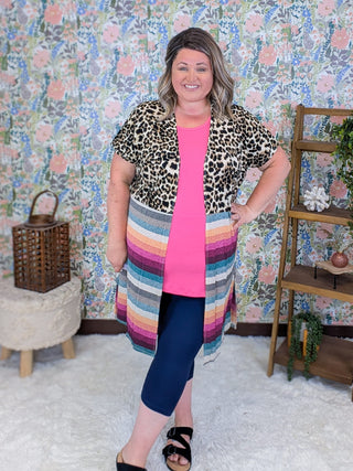 4- Overlayer Tops Gidget Short Sleeve Cardigan in Leopard + Stripes plus size clothing