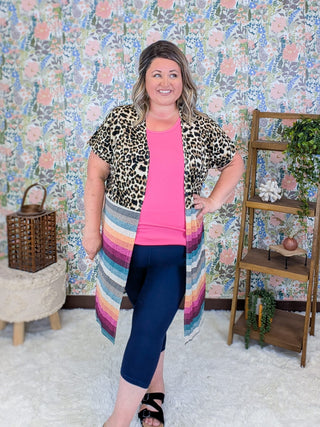 4- Overlayer Tops Gidget Short Sleeve Cardigan in Leopard + Stripes plus size clothing