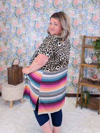 4- Overlayer Tops Gidget Short Sleeve Cardigan in Leopard + Stripes plus size clothing