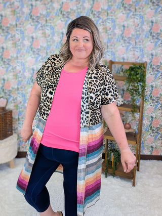 4- Overlayer Tops Gidget Short Sleeve Cardigan in Leopard + Stripes plus size clothing