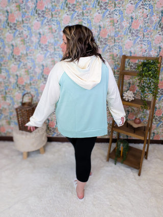 Gigi Scuba Pullover Hoodie in Aqua Mint & Ivory plus size clothing