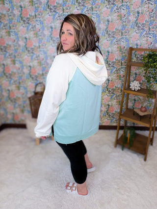 Gigi Scuba Pullover Hoodie in Aqua Mint & Ivory plus size clothing