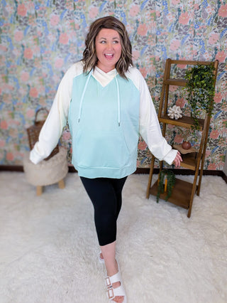 Gigi Scuba Pullover Hoodie in Aqua Mint & Ivory plus size clothing
