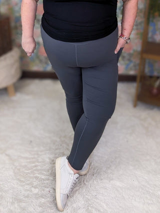 Gina Mesh Accent Leggings w/Pockets in Charcoal-10- Bottoms Non-Denim-WHITE BIRCH-Styled by Stacked - A Plus Size Women's Boutique in Lakeville, MN
