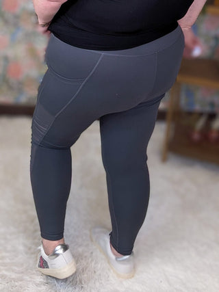 Gina Mesh Accent Leggings w/Pockets in Charcoal-10- Bottoms Non-Denim-WHITE BIRCH-Styled by Stacked - A Plus Size Women's Boutique in Lakeville, MN