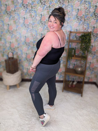 Gina Mesh Accent Leggings w/Pockets in Charcoal-10- Bottoms Non-Denim-WHITE BIRCH-Styled by Stacked - A Plus Size Women's Boutique in Lakeville, MN