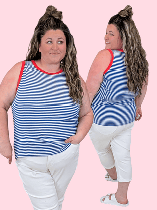 1- ShortSlv/Slvless Tops Ginnie High Neck Tank in Patriotic Stripes plus size clothing