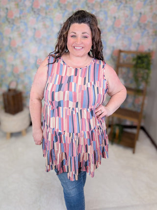 1- ShortSlv/Slvless Tops Goldie Scoopneck Tiered Tank in Faded Geometric plus size clothing