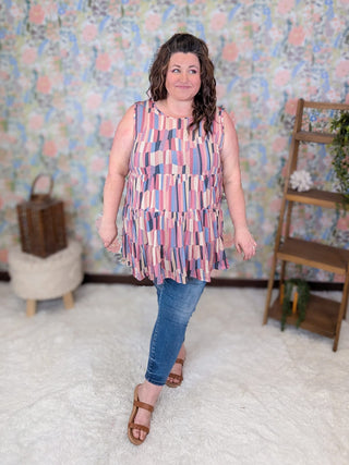 1- ShortSlv/Slvless Tops Goldie Scoopneck Tiered Tank in Faded Geometric plus size clothing