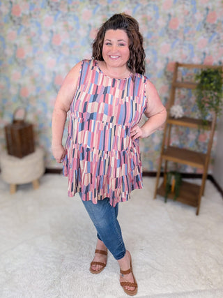 1- ShortSlv/Slvless Tops Goldie Scoopneck Tiered Tank in Faded Geometric plus size clothing