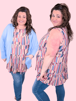 1- ShortSlv/Slvless Tops Goldie Scoopneck Tiered Tank in Faded Geometric plus size clothing