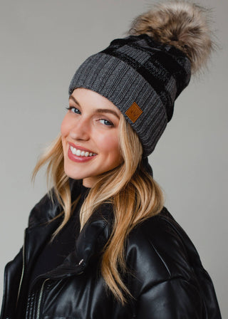 Gray Premium Buffalo Plaid Pom Hat-12- Accessories & Gifts-Panache Apparel Co.-Styled by Stacked - A Plus Size Women's Boutique in Lakeville, MN