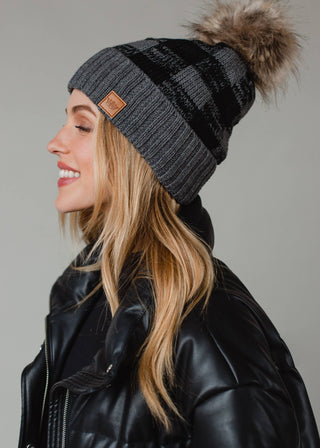 Gray Premium Buffalo Plaid Pom Hat-12- Accessories & Gifts-Panache Apparel Co.-Styled by Stacked - A Plus Size Women's Boutique in Lakeville, MN