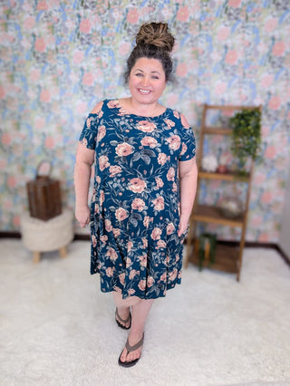 11- Dress/Romp/Jump Grayson Cold Shoulder Vintage Floral Dress in Dark Teal plus size clothing