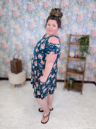 11- Dress/Romp/Jump Grayson Cold Shoulder Vintage Floral Dress in Dark Teal plus size clothing