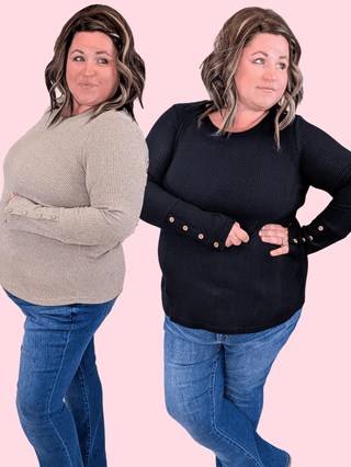 2- Long Sleeve Tops Greta Ribbed Pullover w/Button Sleeve Accents plus size clothing