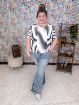 Gretel Short Sleeve Switched Stripe Top in Ivory + Black-1- ShortSlv/Slvless Tops-HEIMISH-Styled by Stacked - A Plus Size Women's Boutique in Lakeville, MN