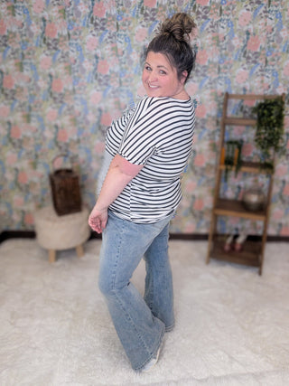 Gretel Short Sleeve Switched Stripe Top in Ivory + Black-1- ShortSlv/Slvless Tops-HEIMISH-Styled by Stacked - A Plus Size Women's Boutique in Lakeville, MN