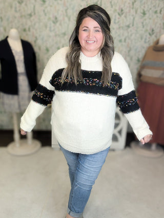 Grier Cream Sweater w/Black Confetti Colorblock-2- Long Sleeve Tops-entro-Styled by Stacked - A Plus Size Women's Boutique in Lakeville, MN