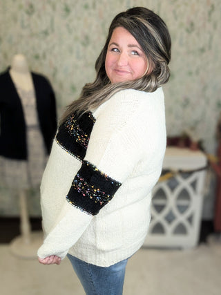 Grier Cream Sweater w/Black Confetti Colorblock-2- Long Sleeve Tops-entro-Styled by Stacked - A Plus Size Women's Boutique in Lakeville, MN