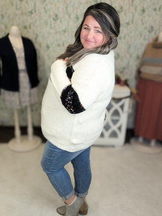 Grier Cream Sweater w/Black Confetti Colorblock-2- Long Sleeve Tops-entro-Styled by Stacked - A Plus Size Women's Boutique in Lakeville, MN