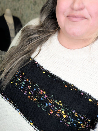 Grier Cream Sweater w/Black Confetti Colorblock-2- Long Sleeve Tops-entro-Styled by Stacked - A Plus Size Women's Boutique in Lakeville, MN