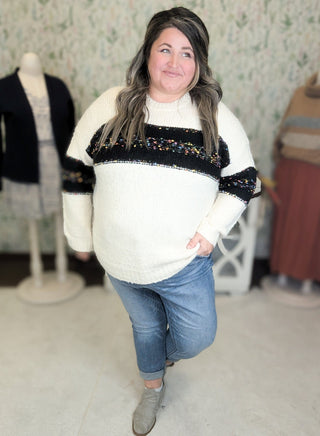 Grier Cream Sweater w/Black Confetti Colorblock-2- Long Sleeve Tops-entro-Styled by Stacked - A Plus Size Women's Boutique in Lakeville, MN
