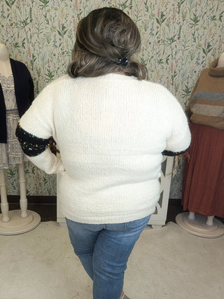 Grier Cream Sweater w/Black Confetti Colorblock-2- Long Sleeve Tops-entro-Styled by Stacked - A Plus Size Women's Boutique in Lakeville, MN
