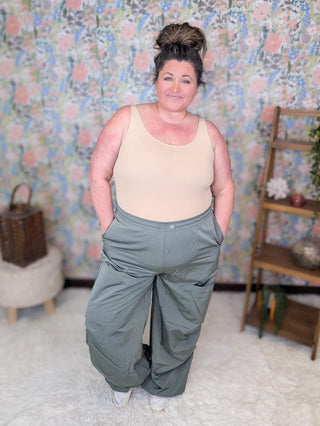 10- Bottoms Non-Denim Gwen Windbreaker Cargo Pants in Gray-Sage plus size clothing