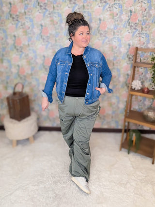 10- Bottoms Non-Denim Gwen Windbreaker Cargo Pants in Gray-Sage plus size clothing