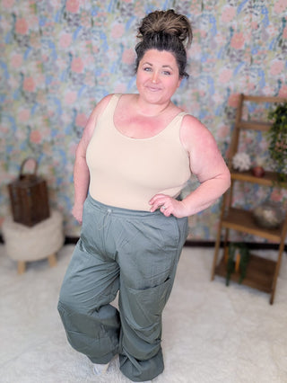 10- Bottoms Non-Denim Gwen Windbreaker Cargo Pants in Gray-Sage plus size clothing