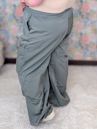10- Bottoms Non-Denim Gwen Windbreaker Cargo Pants in Gray-Sage plus size clothing