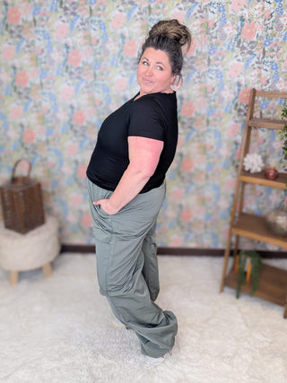 10- Bottoms Non-Denim Gwen Windbreaker Cargo Pants in Gray-Sage plus size clothing