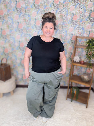 10- Bottoms Non-Denim Gwen Windbreaker Cargo Pants in Gray-Sage plus size clothing