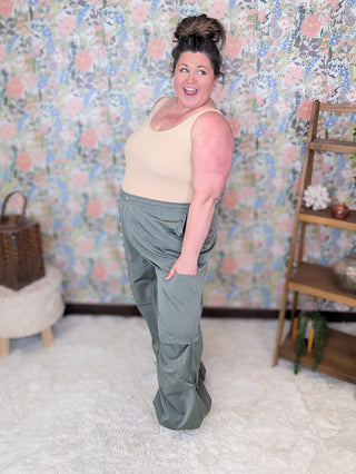 10- Bottoms Non-Denim Gwen Windbreaker Cargo Pants in Gray-Sage plus size clothing