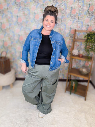 10- Bottoms Non-Denim Gwen Windbreaker Cargo Pants in Gray-Sage plus size clothing
