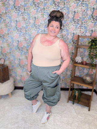 10- Bottoms Non-Denim Gwen Windbreaker Cargo Pants in Gray-Sage plus size clothing