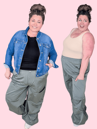 10- Bottoms Non-Denim Gwen Windbreaker Cargo Pants in Gray-Sage plus size clothing