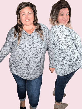 Gwenna Spotted + Knotted Vneck Pullover (2 Colors)-2- Long Sleeve Tops-BE STAGE-Styled by Stacked - A Plus Size Women's Boutique in Lakeville, MN